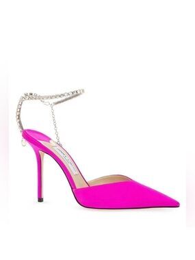 Jimmy Choo Saeda 100mm Ankle Strap Pumps in Fuschia Satin with Crystal Chain